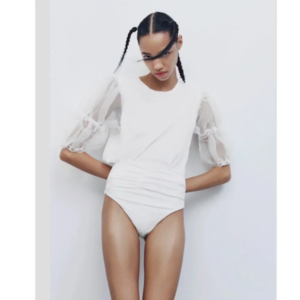 Zara White Organza Puff Sleeve Top Sz Large NWT